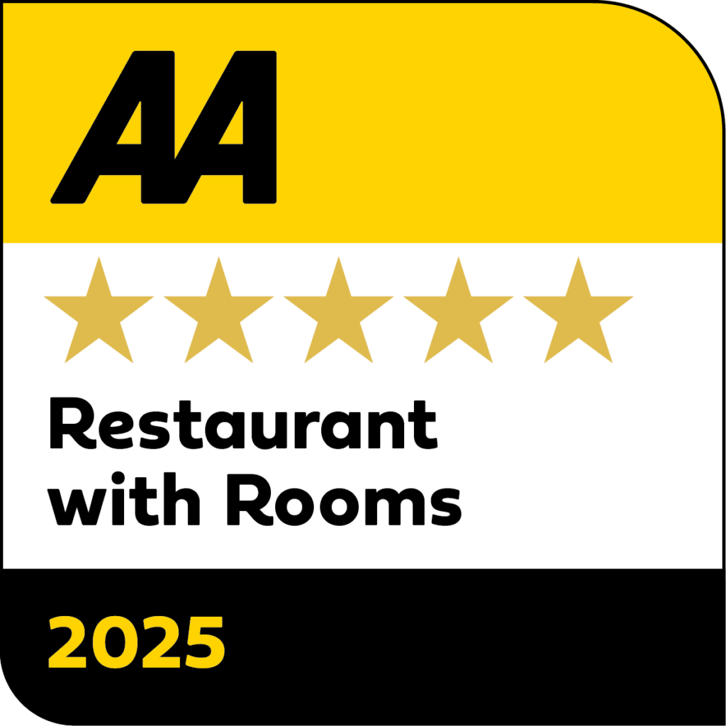 Hurley House - AA 5-star award image for Restaurant with Rooms 2025. The design features a yellow background with black and white text and five gold stars.
