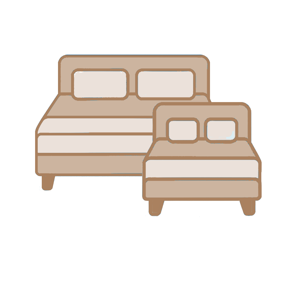 Hurley House - Illustration of two beds side by side, one larger and one smaller, both with headboards, beige bed frames, and two pillows each, against a plain white background.