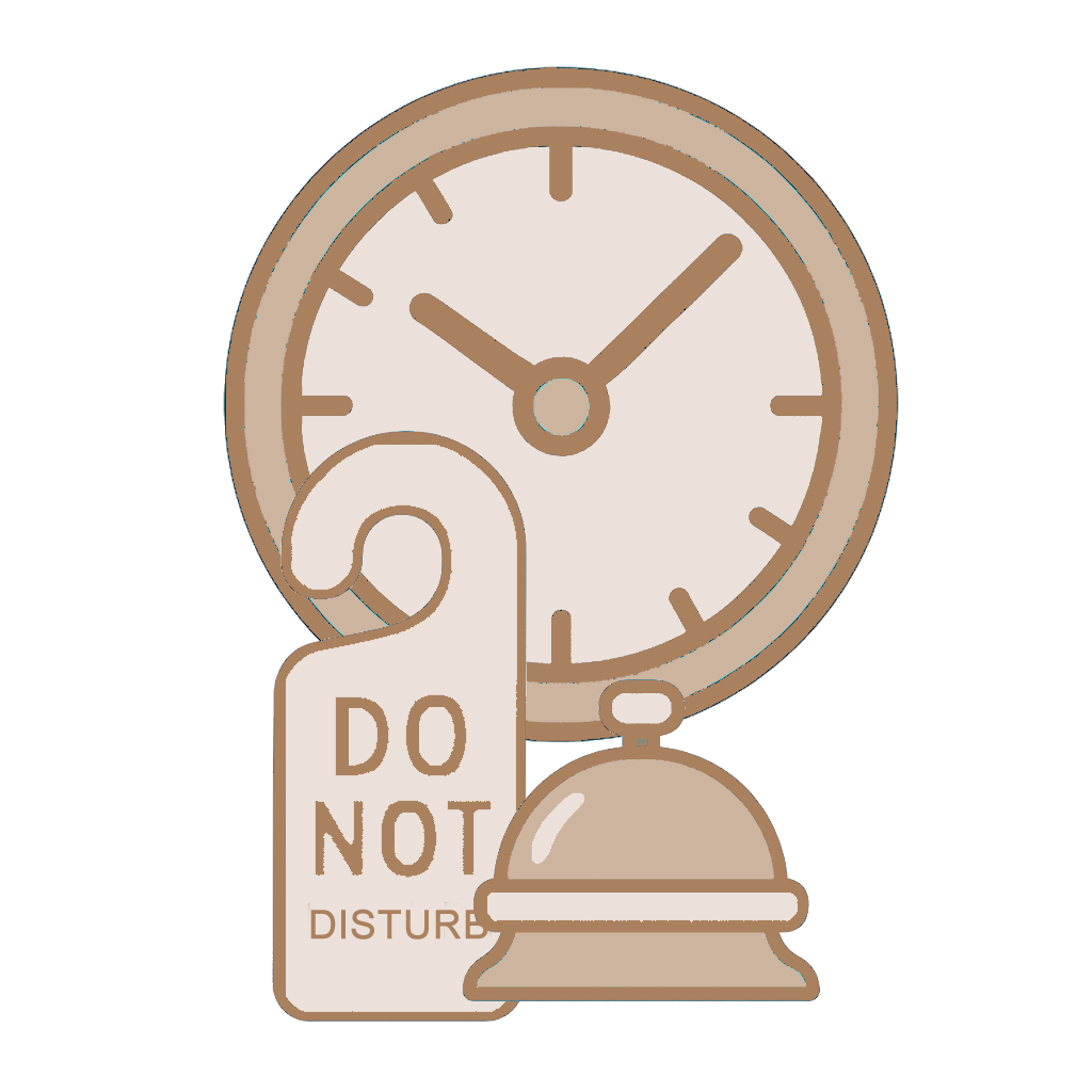 Hurley House - Illustration of a clock, a Do Not Disturb sign, and a service bell. The clock shows 10:10. The items are drawn in beige tones on a white background.