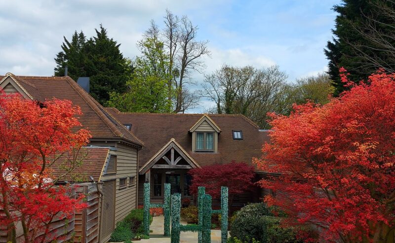 Hurley House - A house with steep gabled roofs is framed by vibrant red-orange trees and green shrubs along a paved pathway under a partly cloudy sky.