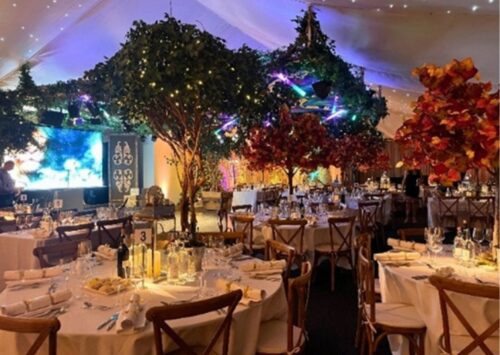 Hurley House - A lavish banquet hall decorated with round tables, elegant place settings, and tall artificial trees with green and orange foliage under a canopy of twinkling lights, creating a magical, festive atmosphere.
