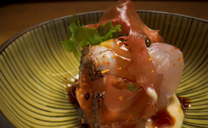 Hurley House - A close-up of a Japanese dish featuring thin slices of raw fish sashimi, garnished with greens and a drizzle of sauce, served in a patterned ceramic bowl.