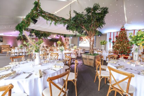 Hurley House - Elegant event space decorated with round tables set for dining, wooden chairs, lush green trees in planters, hanging greenery, and a Christmas tree with red ornaments, all under a white canopy with string lights.