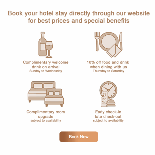 Hurley House - A hotel promotion offers a complimentary welcome drink, 10% off food and drink, complimentary room upgrade, and early check-in/late check-out for direct bookings. Book Now button at the bottom.